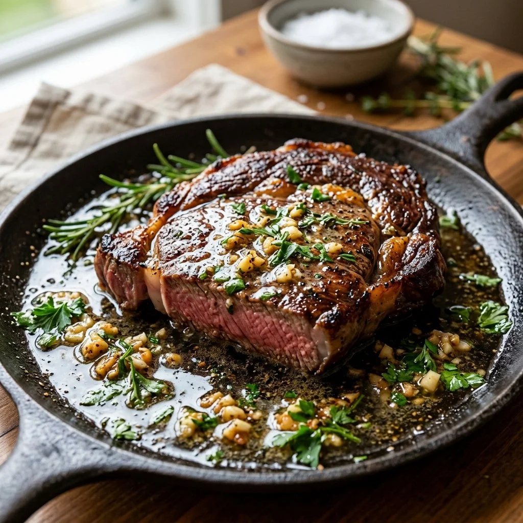 Delicious Garlic Butter Steak garnished with herbs and served on a plate