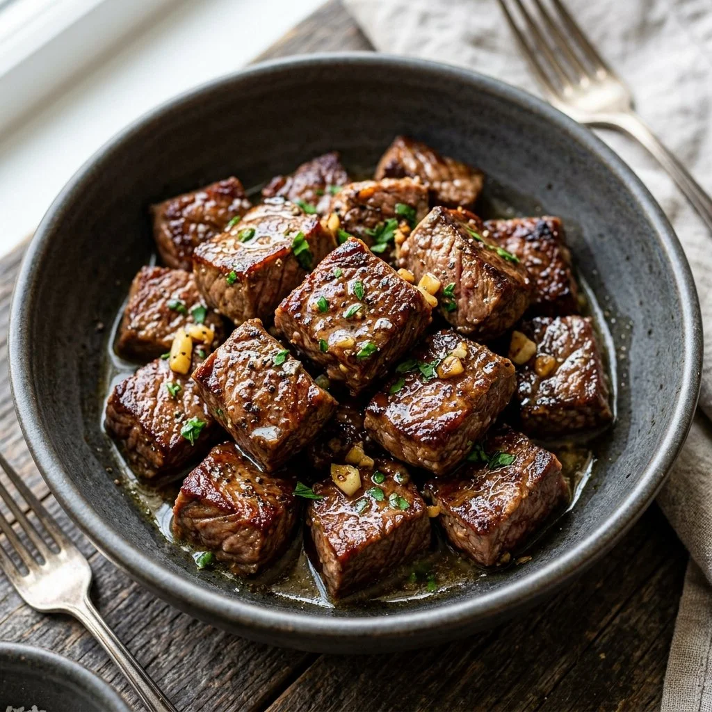 Delicious garlic butter steak bites served on a plate