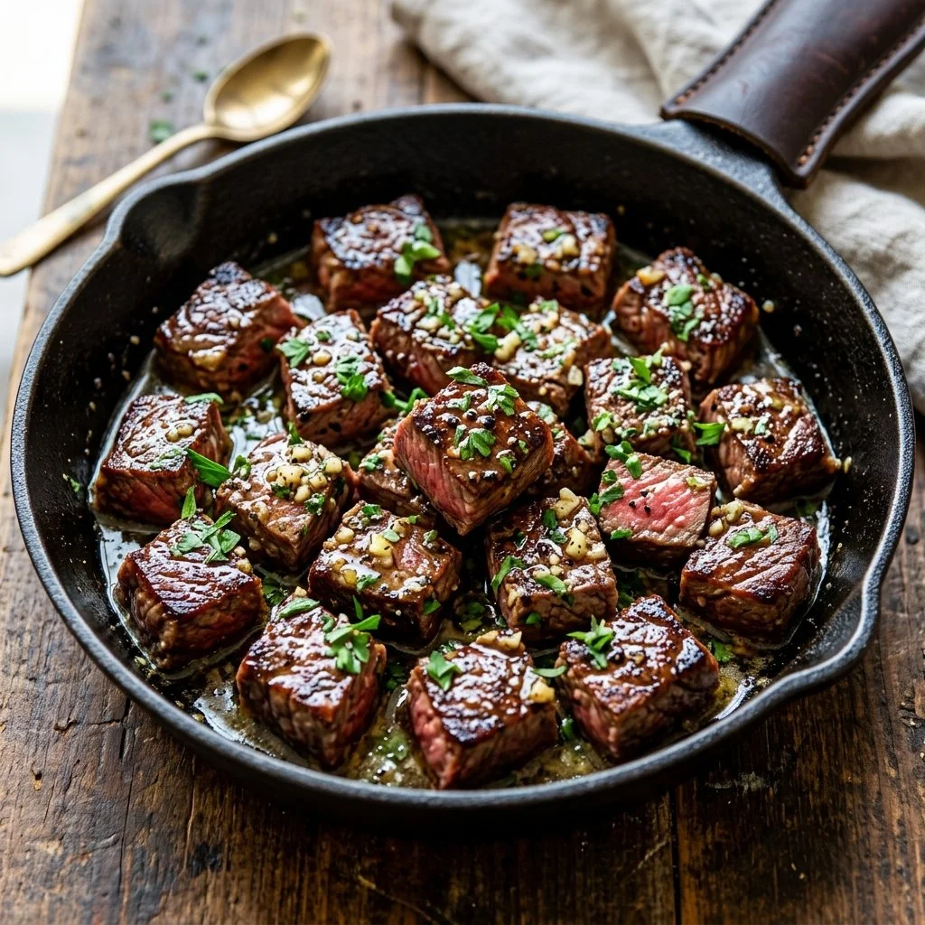 Delicious garlic butter steak bites served on a plate