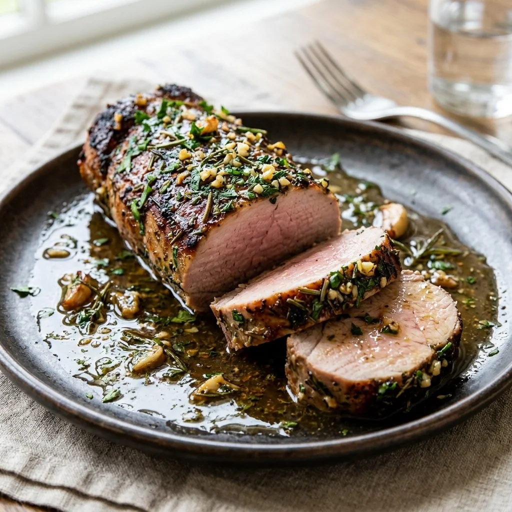 Garlic Herb Pork Tenderloin served with fresh herbs and spices