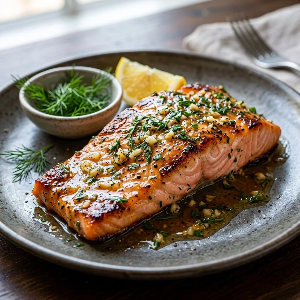 Delicious Garlic Herb Salmon fillets garnished with fresh herbs and garlic