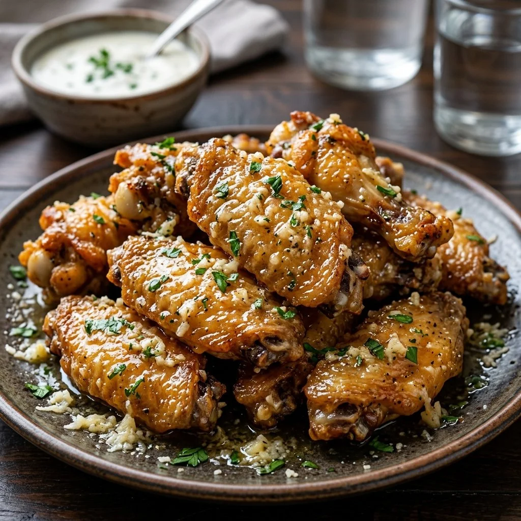 Delicious Garlic Parmesan Chicken Wings served on a platter