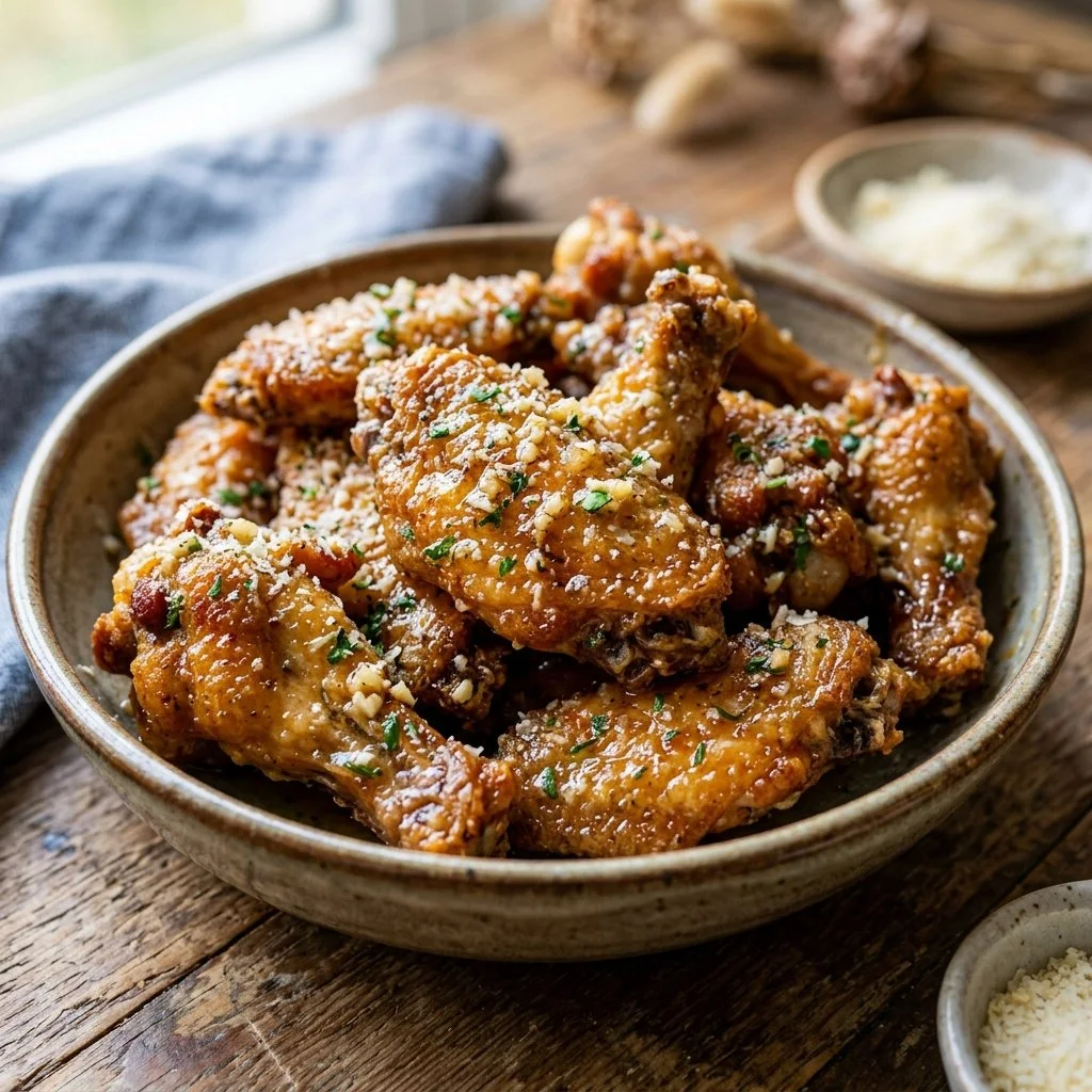 Crispy Garlic Parmesan Chicken Wings garnished with herbs on a serving platter