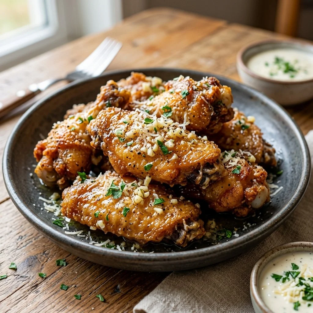 Crispy Garlic Parmesan Wings served with dipping sauce