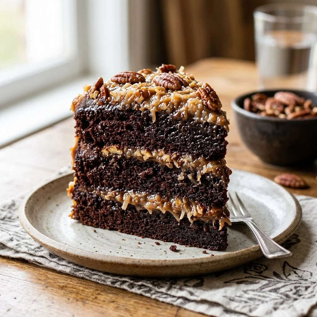 Delicious slice of German Chocolate Cake with coconut-pecan frosting on a plate.