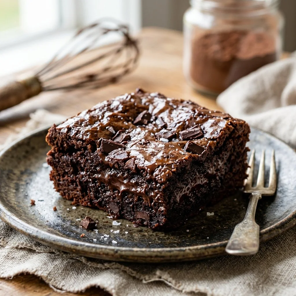 Delicious gluten free brownies on a plate, topped with chocolate chips.