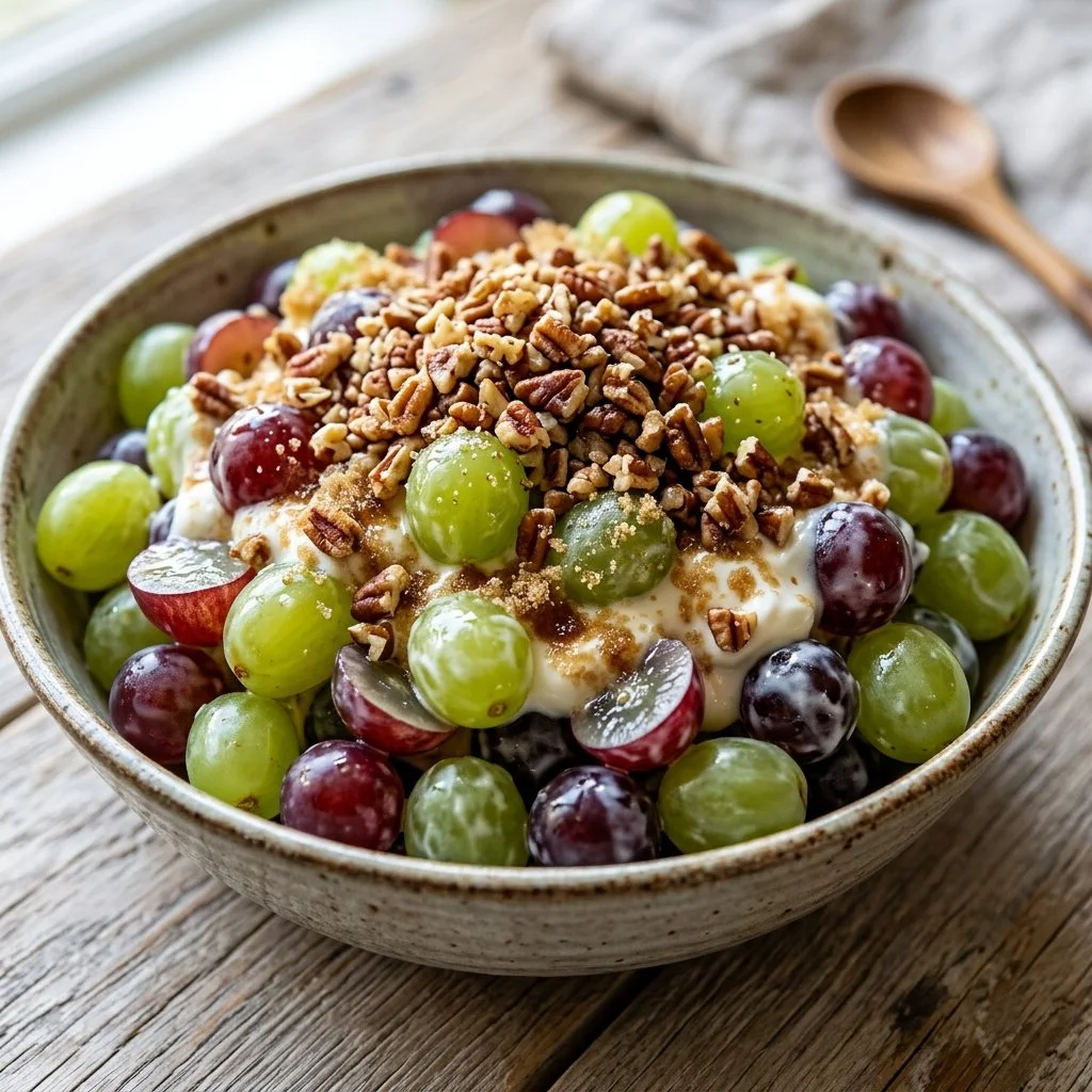 Delicious grape salad with fresh fruits and nuts in a bowl