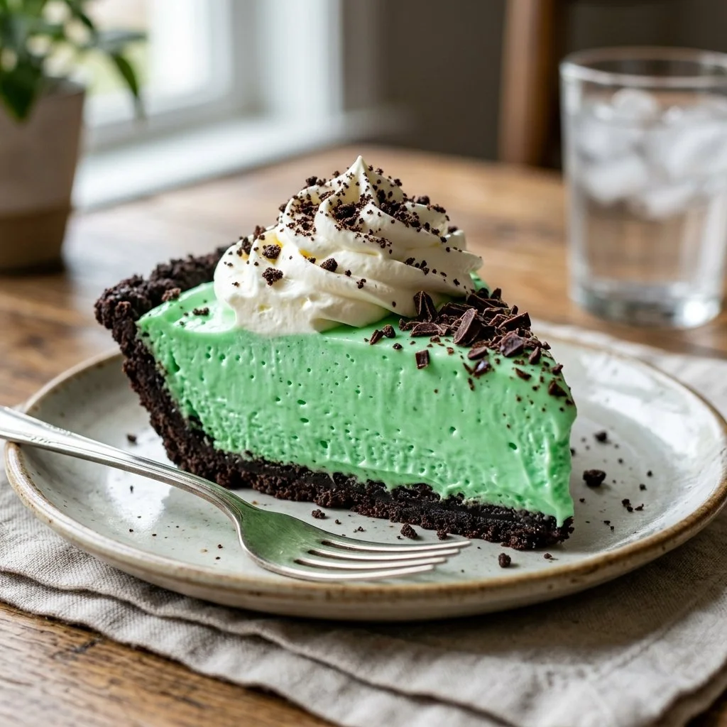Delicious Grasshopper Pie dessert topped with mint and chocolate.