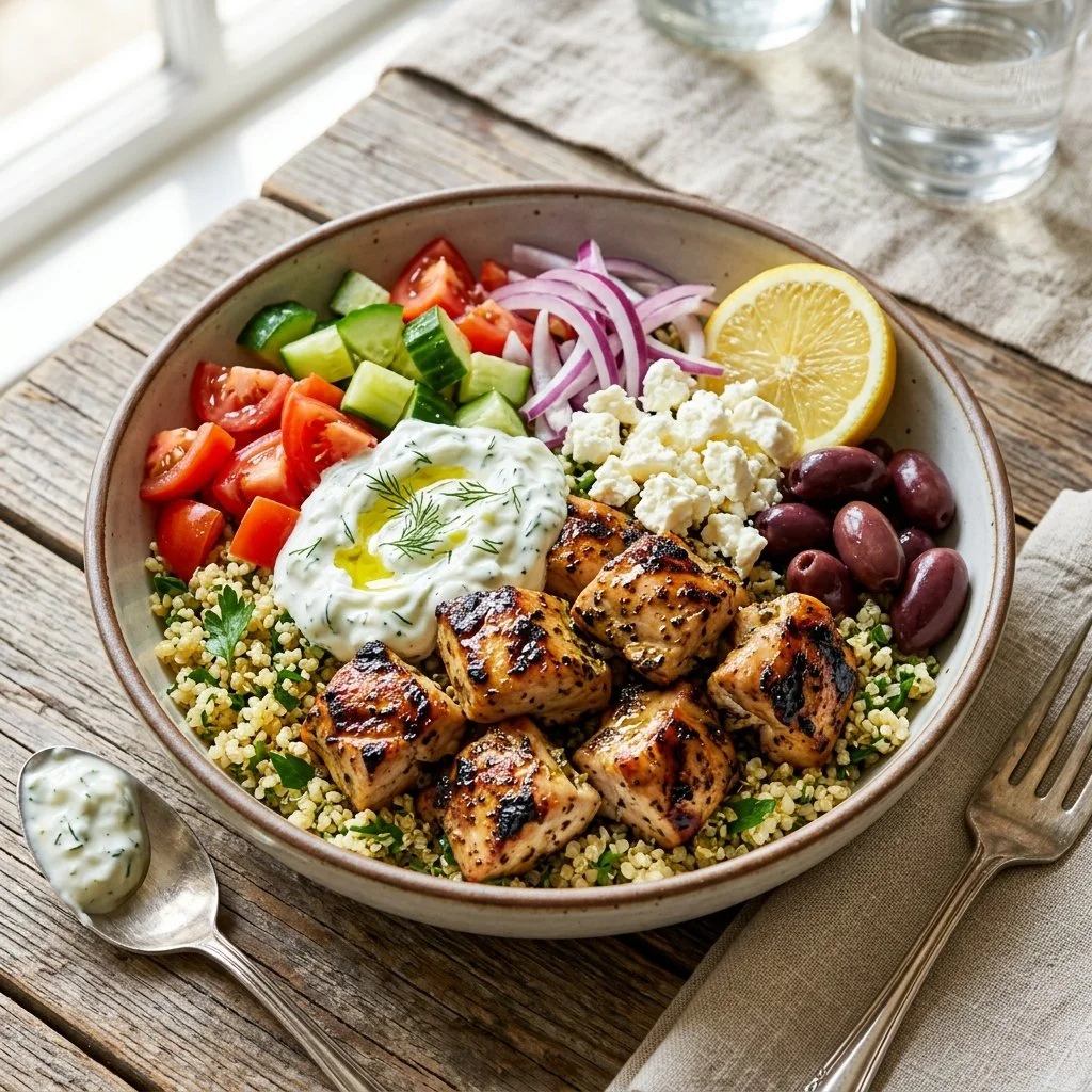 Delicious Greek Chicken Bowl with vegetables and tzatziki sauce.