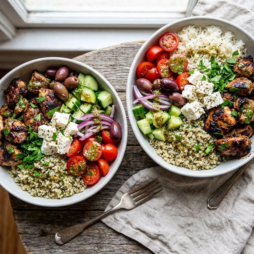 Colorful Greek Chicken Bowls with vegetables and tzatziki sauce