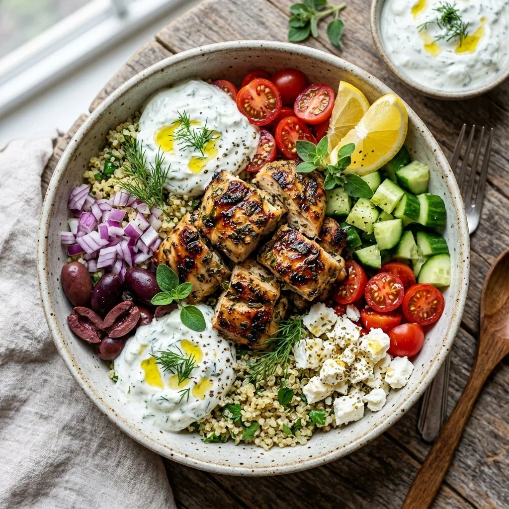 Delicious Greek Chicken Bowl with fresh vegetables and tzatziki sauce