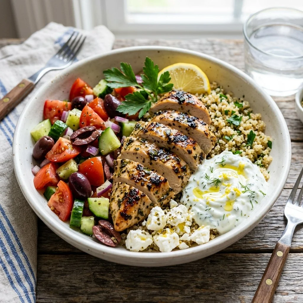 Healthy Greek Chicken Bowl with fresh vegetables and dressing