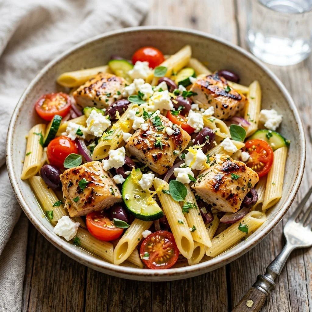 Delicious plate of Greek chicken pasta garnished with fresh herbs and olives