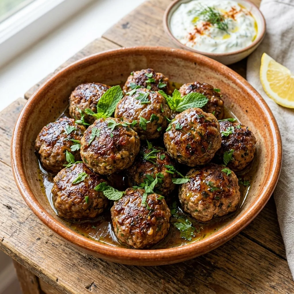 Plate of delicious Greek meatballs garnished with herbs and served with tzatziki sauce.