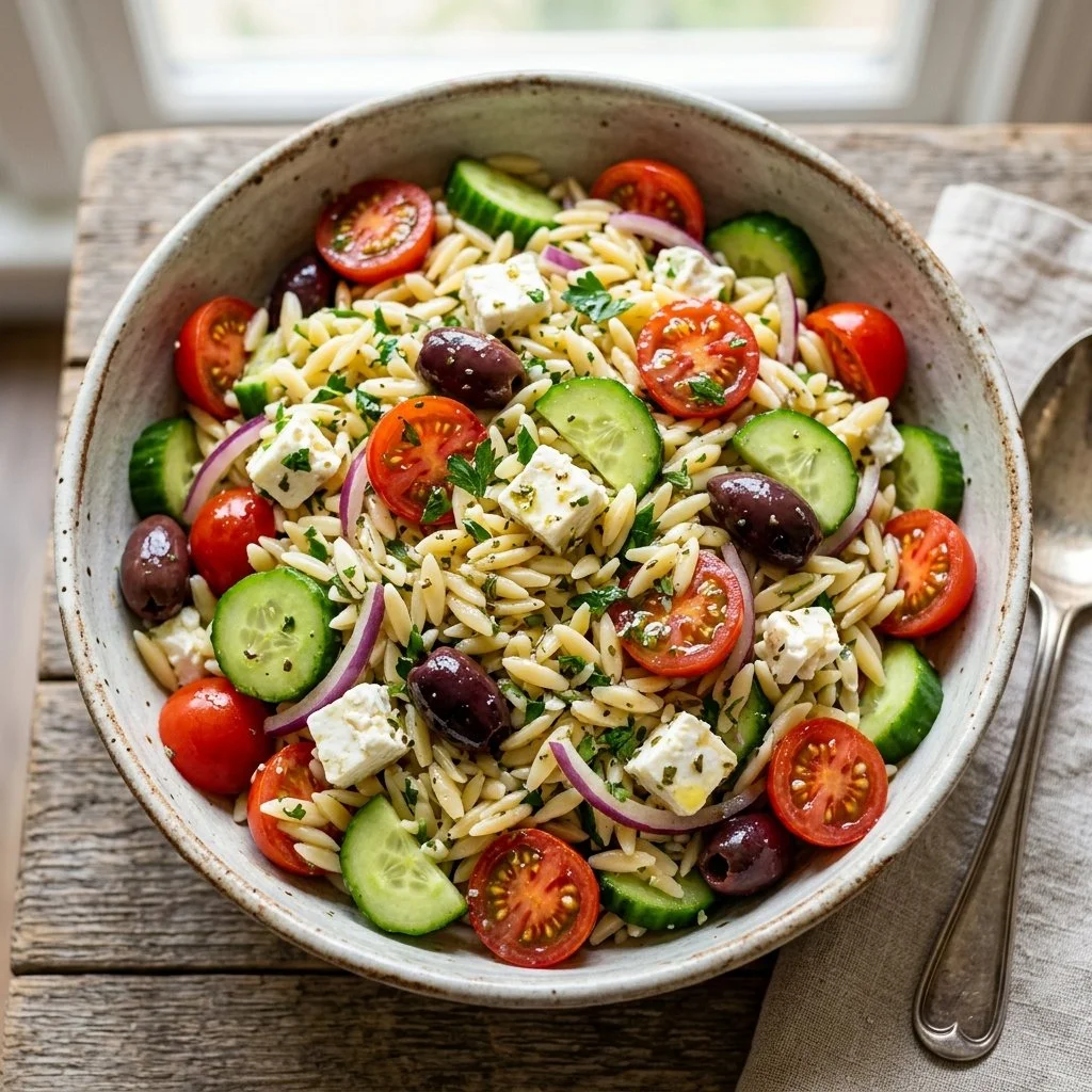 Delicious Greek Orzo Salad with feta, olives, and fresh vegetables