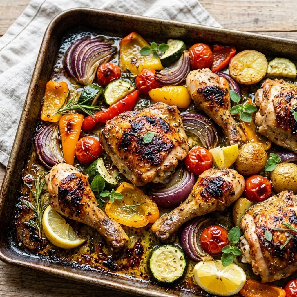 Greek-Style Sheet Pan Chicken with vegetables on a baking tray
