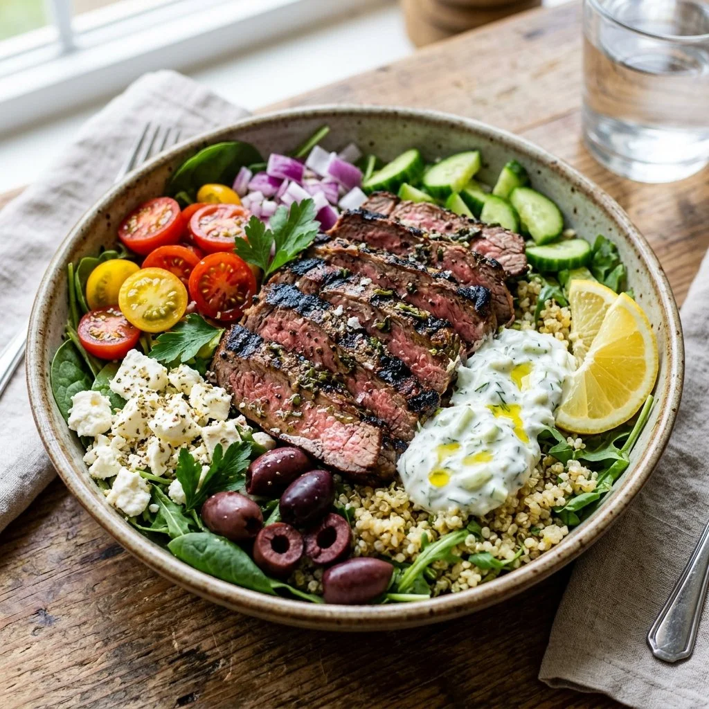Delicious Greek-Style Steak Power Bowl with fresh ingredients and vibrant colors