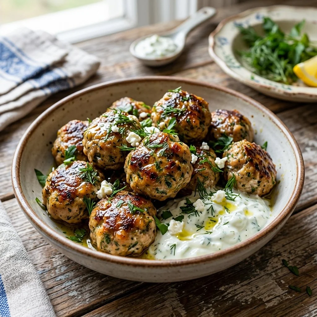 Plate of Greek Turkey Meatballs served with herbs and sauce