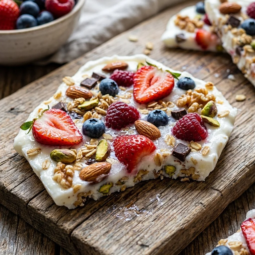 Homemade Greek Yogurt Bark topped with fruits and nuts