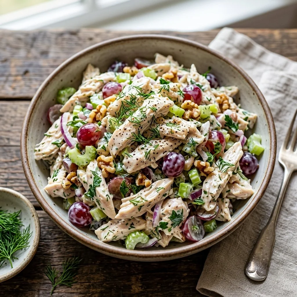 Healthy Greek yogurt chicken salad served in a bowl with fresh ingredients