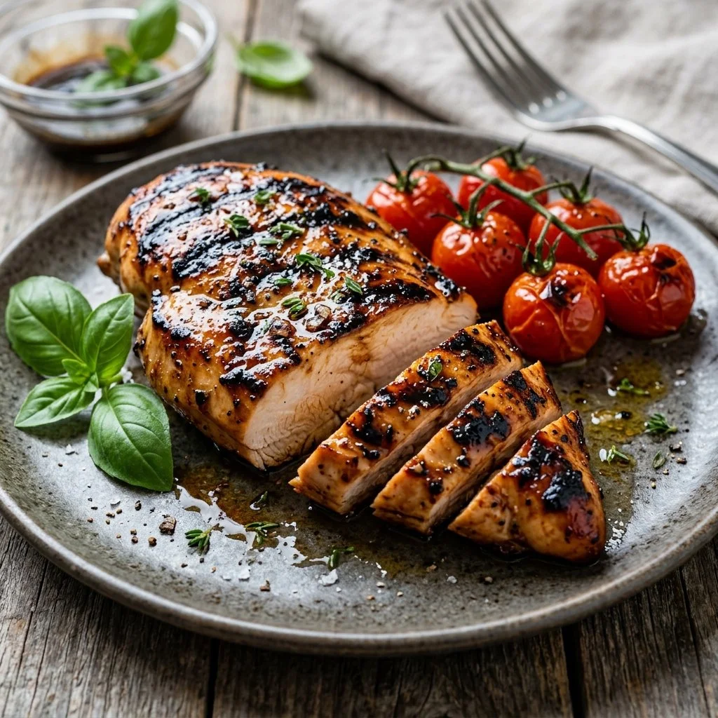 Juicy grilled balsamic chicken garnished with herbs and ready to serve.
