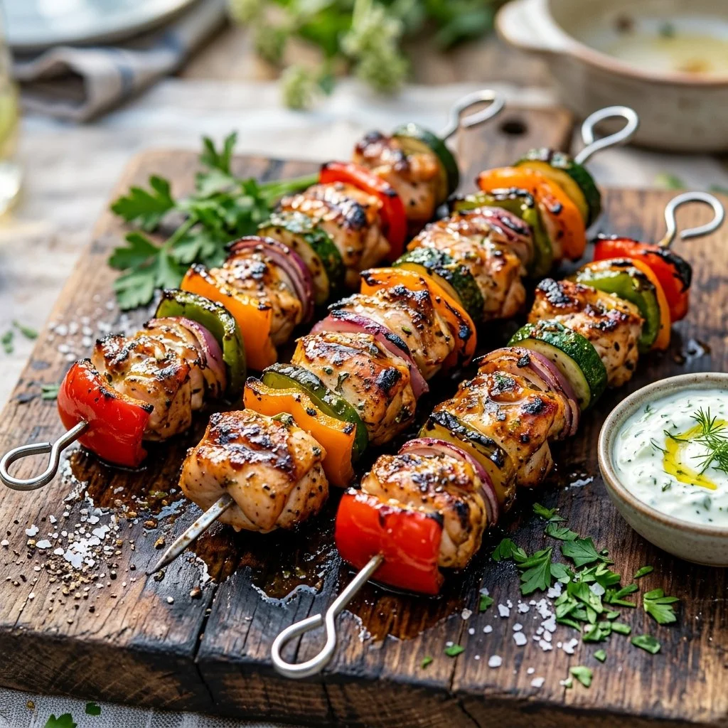 Grilled chicken kabobs skewered with colorful vegetables and herbs.