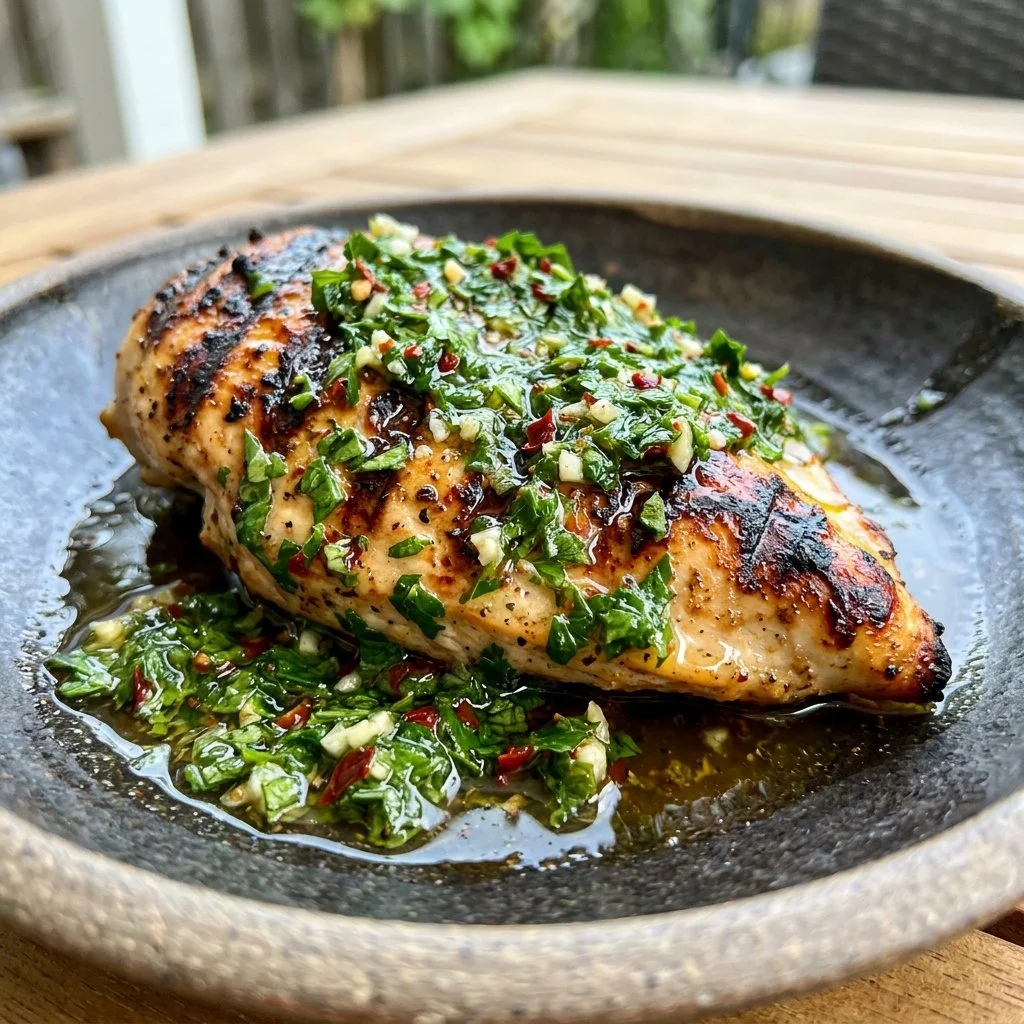Delicious grilled chimichurri chicken garnished with fresh herbs