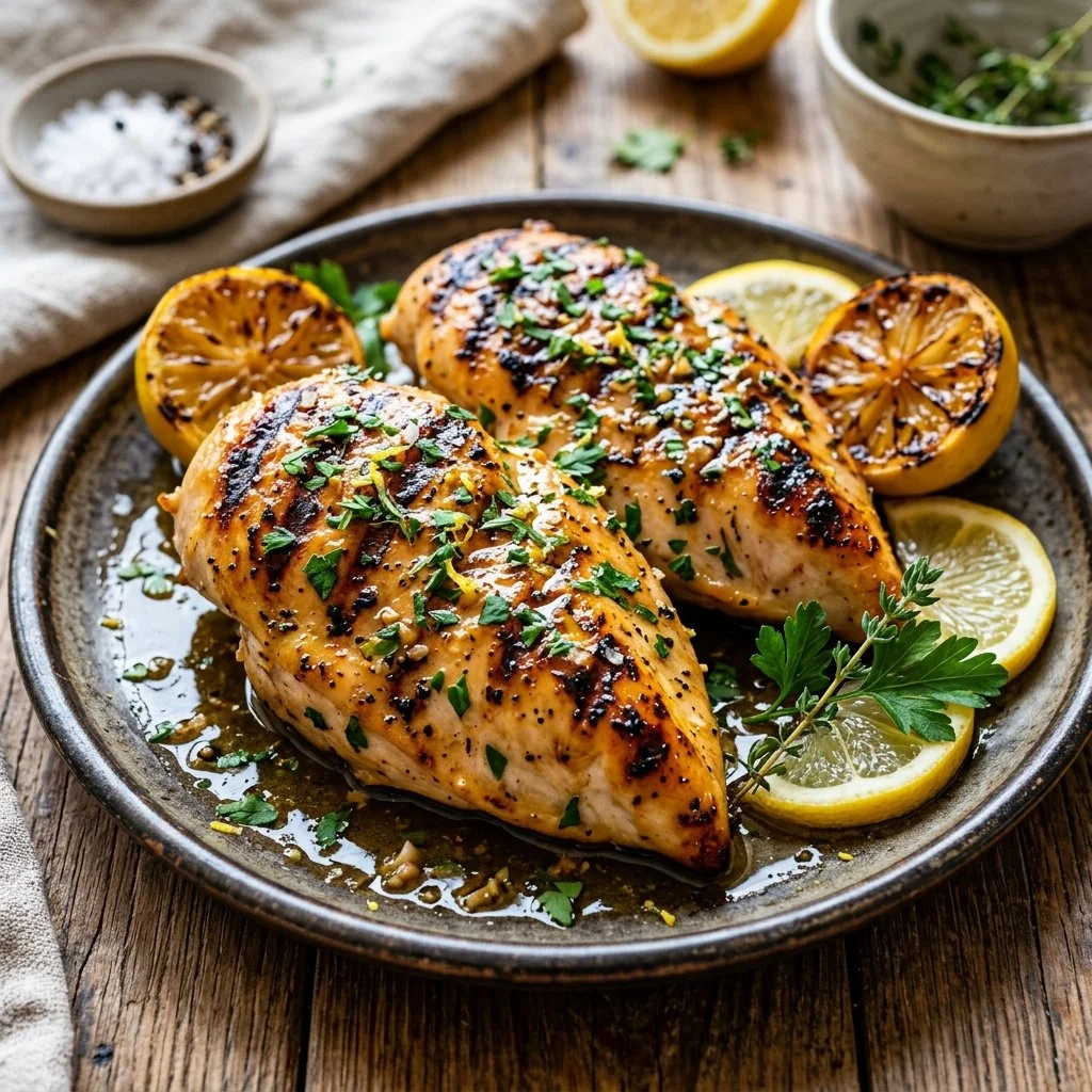 Grilled lemon chicken marinated with herbs and served on a plate