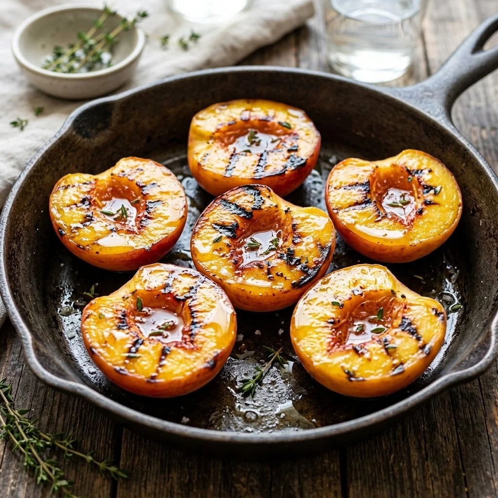 Grilled peaches served with a drizzle of honey and fresh mint
