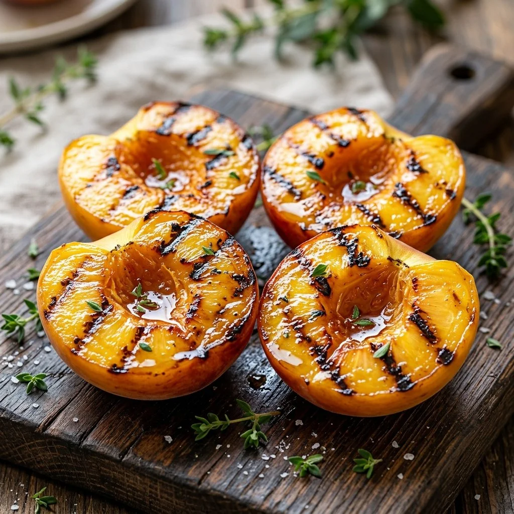 Grilled peaches with caramelization on a charred grill plate