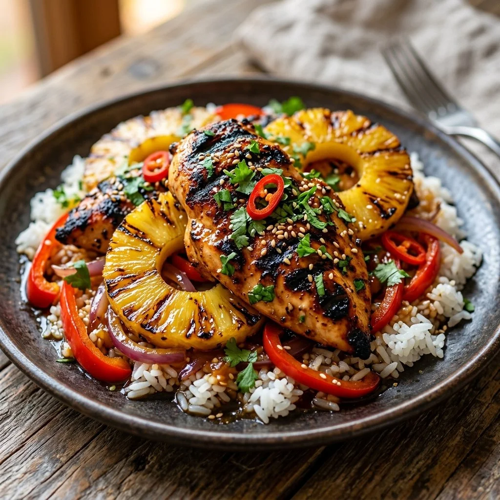 Delicious grilled pineapple chicken served on a plate with fresh herbs