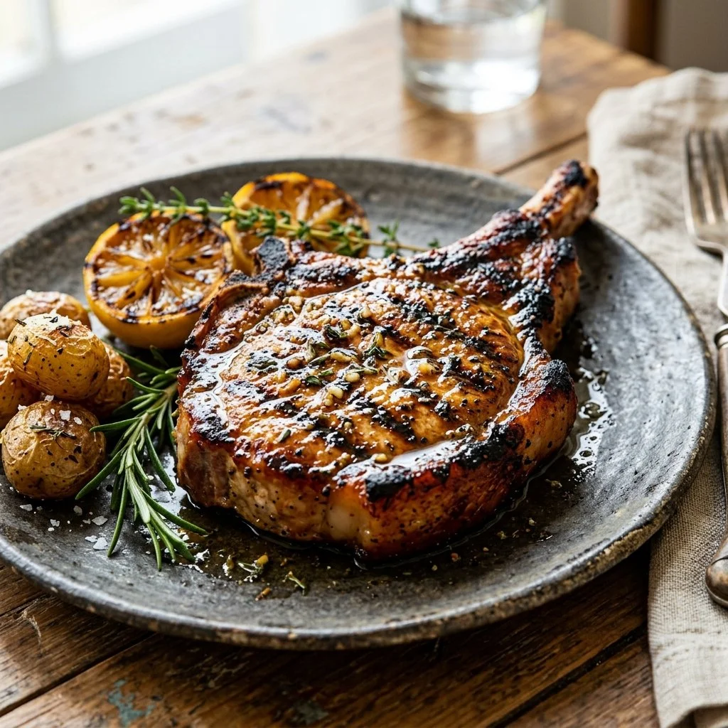 Delicious grilled pork chops seasoned to perfection on a barbecue grill
