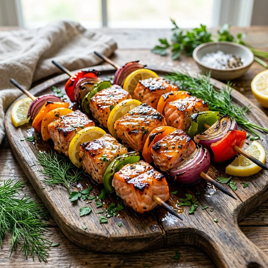 Delicious grilled salmon skewers served on a plate with vegetables