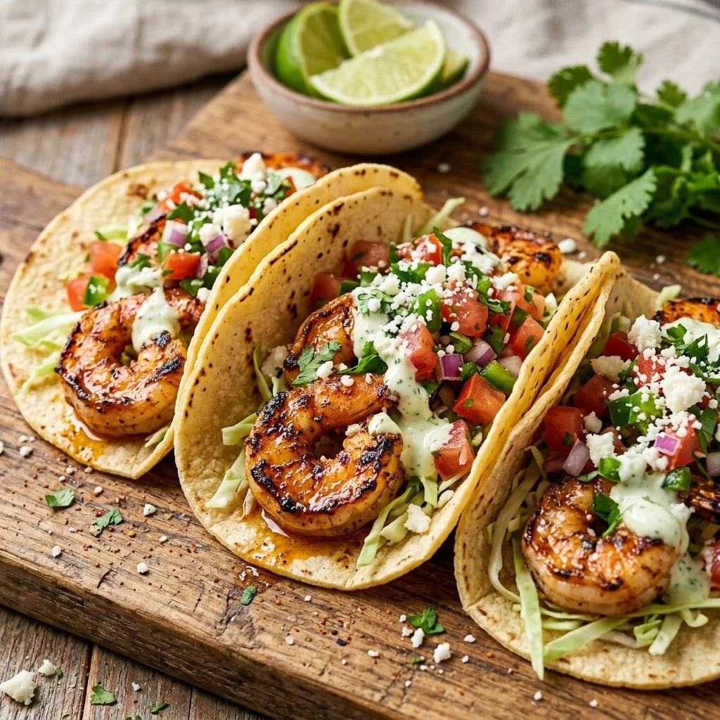 Delicious grilled shrimp tacos topped with fresh ingredients and served on a plate.