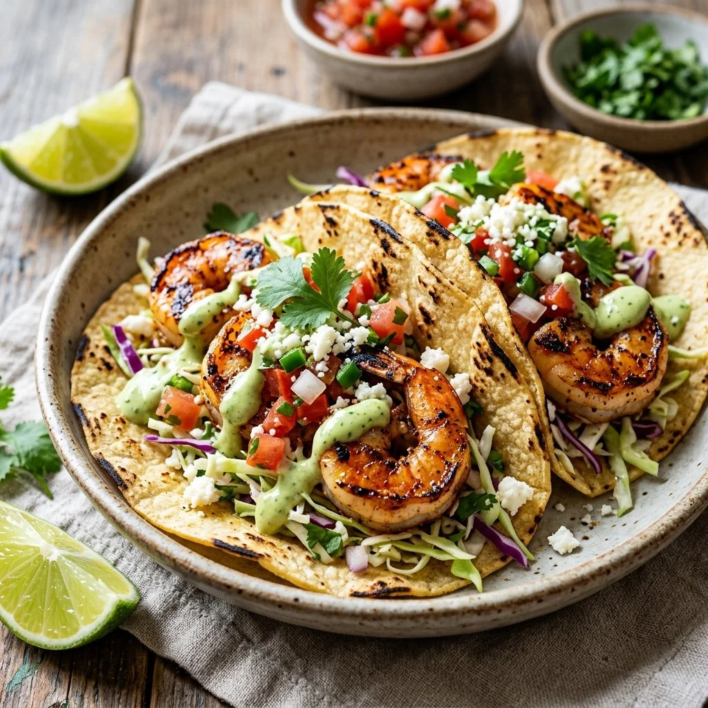 Delicious grilled shrimp tacos with fresh toppings and vibrant flavors