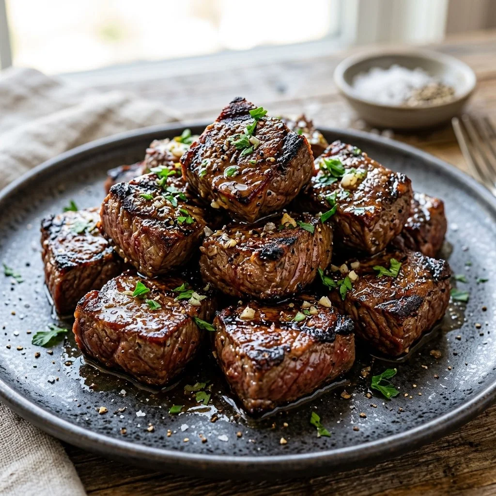 Delicious grilled steak bites served on a platter with garnish