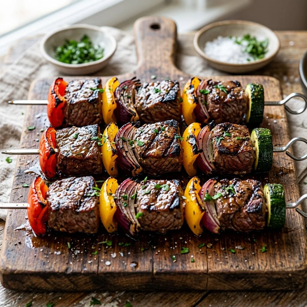 Delicious grilled steak kabobs with colorful vegetables