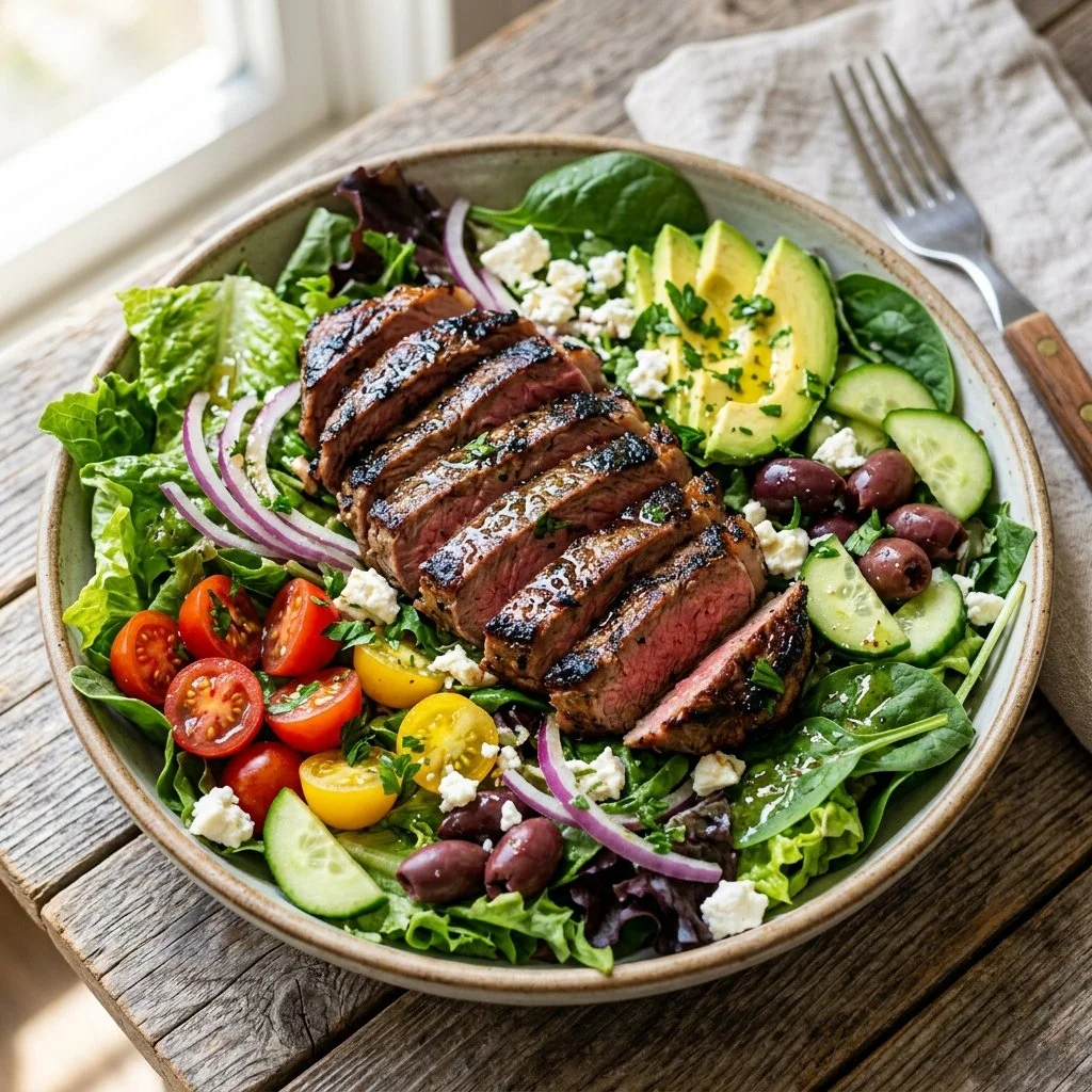 Delicious grilled steak salad with fresh vegetables and dressing.