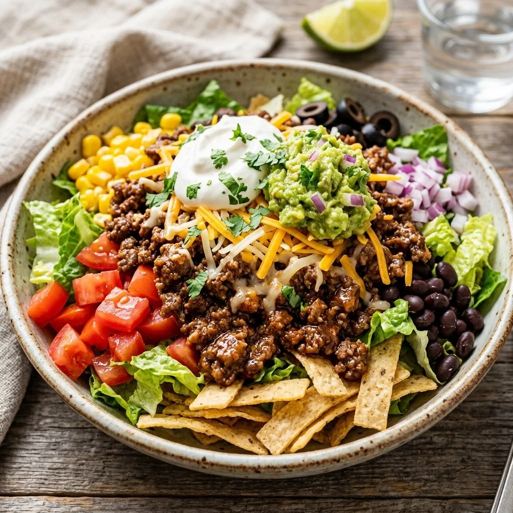 Ground Beef Taco Salad with fresh toppings and crispy tortilla chips