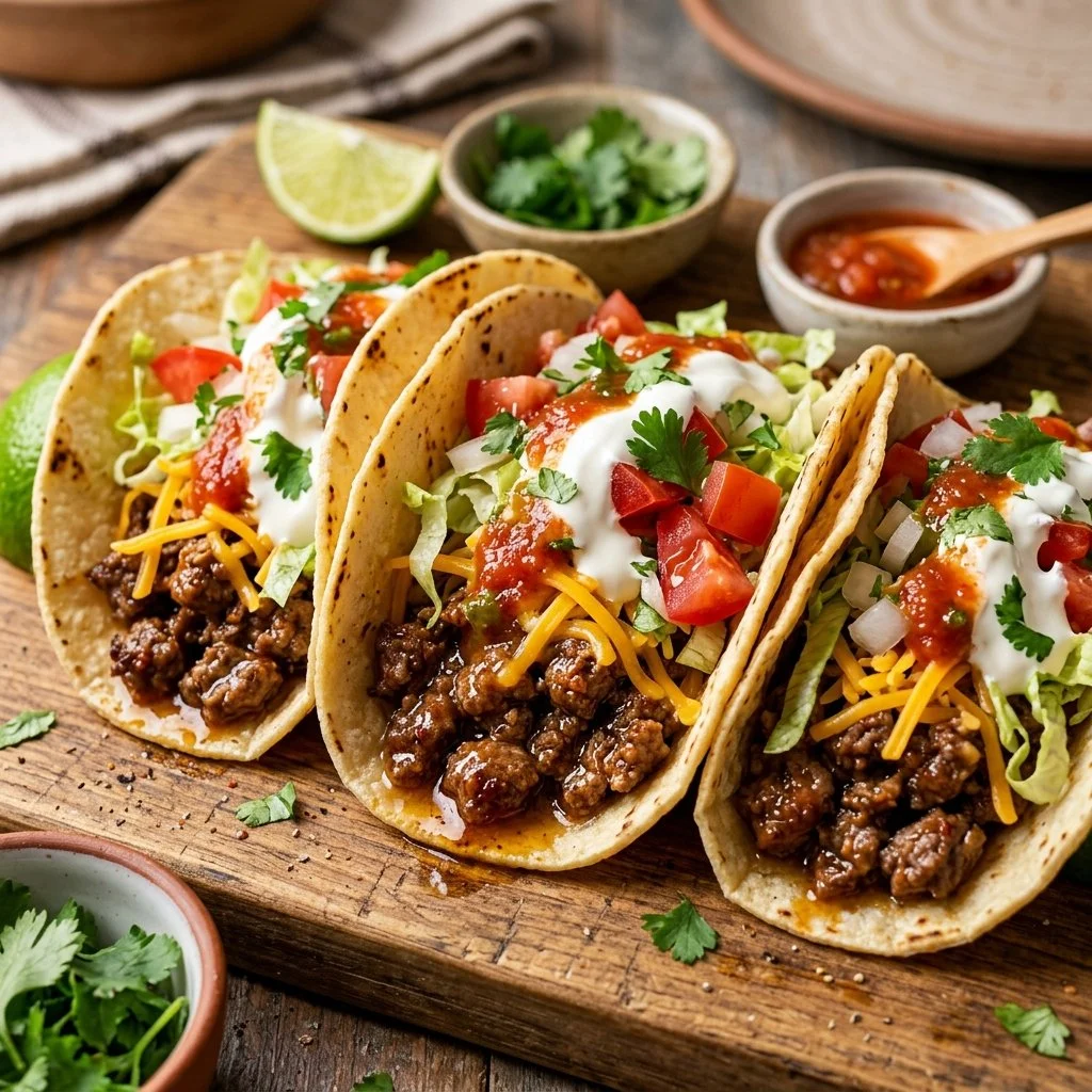 Delicious ground beef tacos topped with fresh ingredients in taco shells