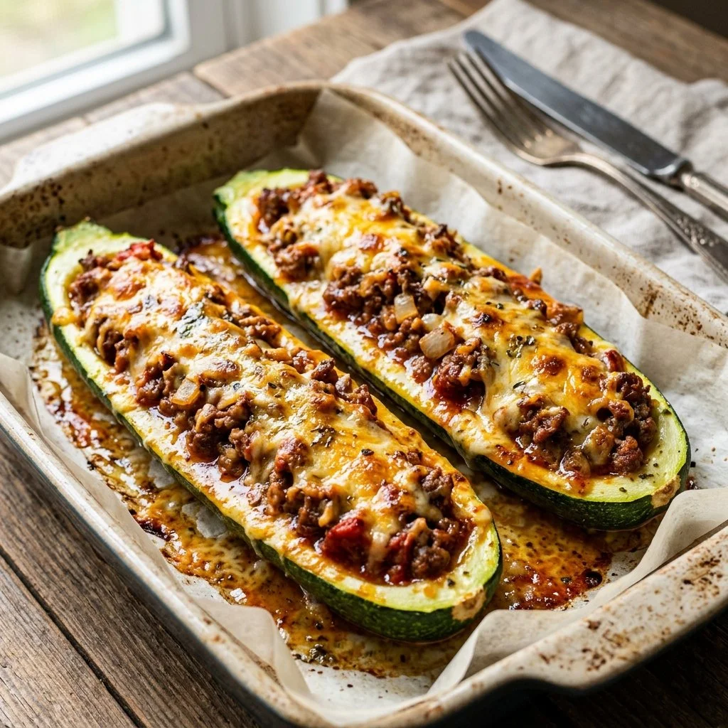 Ground beef stuffed zucchini boats fresh out of the oven, garnished with herbs.
