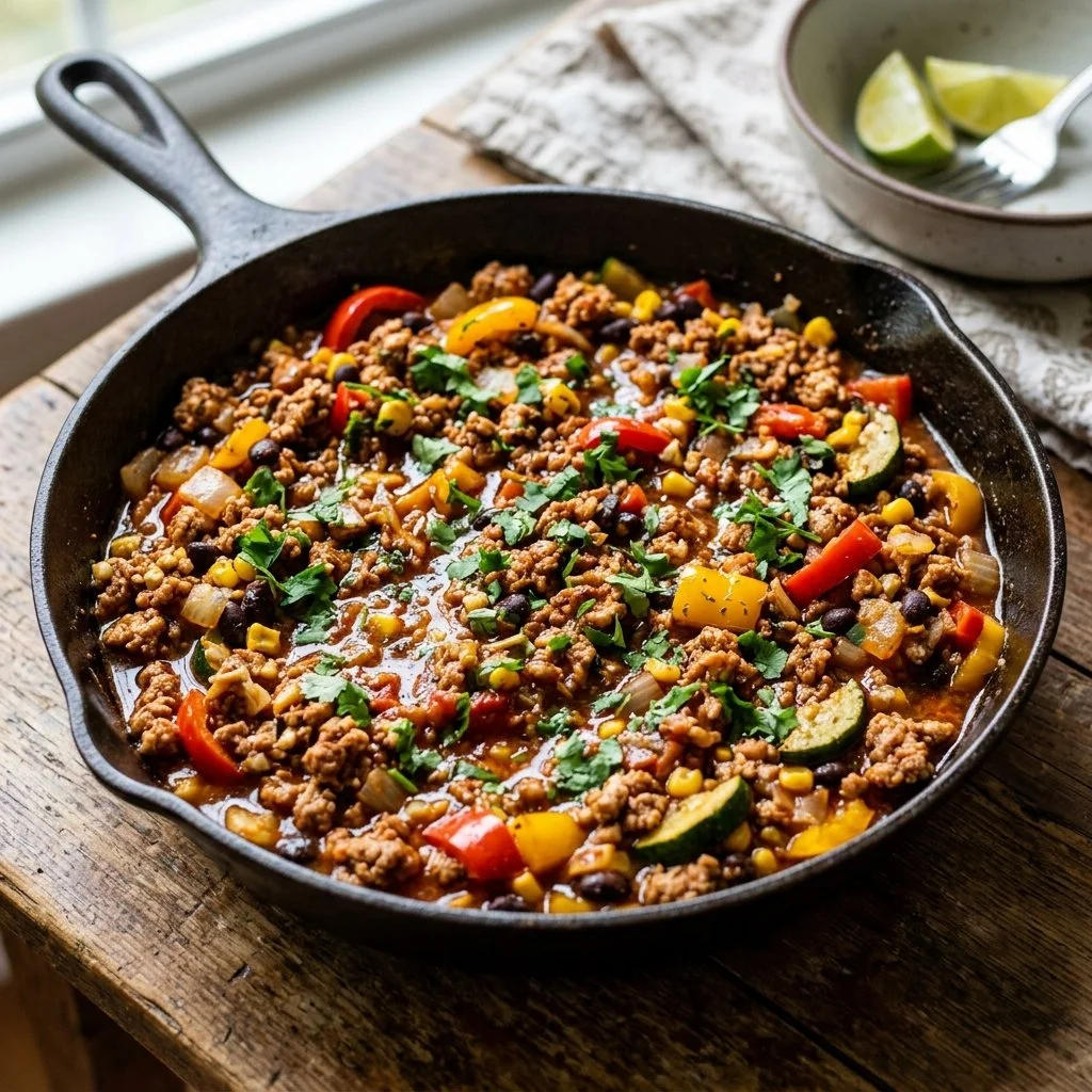 Delicious ground turkey skillet with vegetables ready to serve.