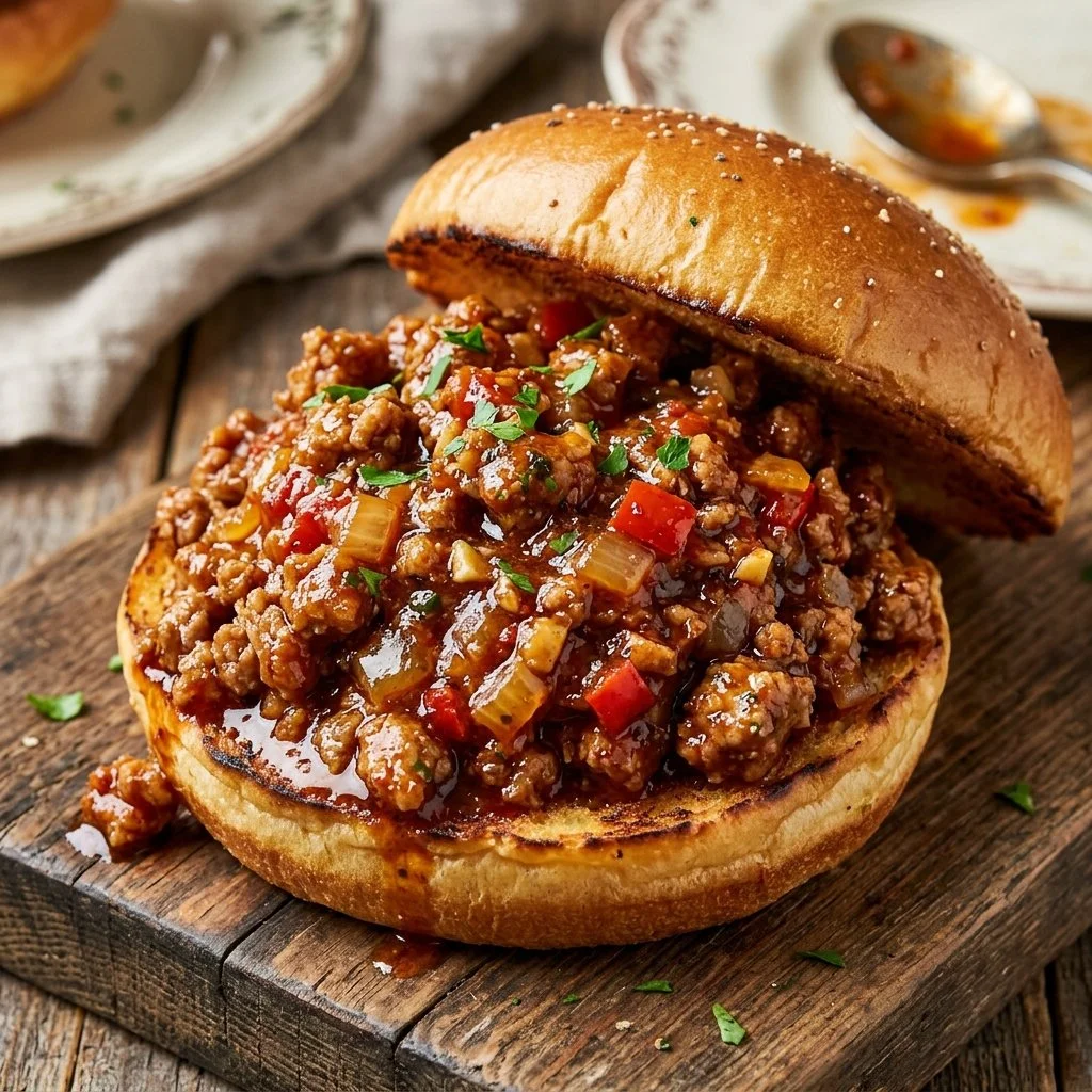 Plate of Ground Turkey Sloppy Joes served with a side of fries.