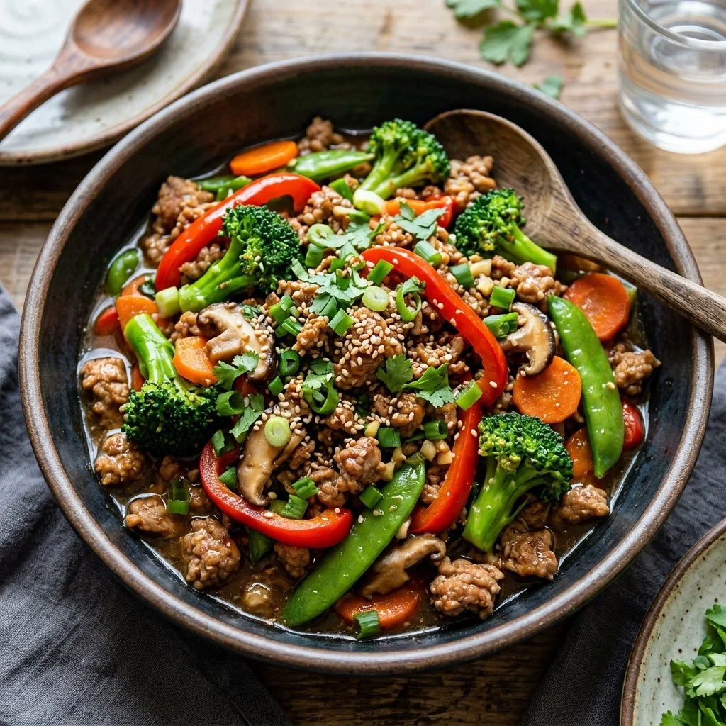 Delicious ground turkey stir fry with colorful vegetables in a skillet