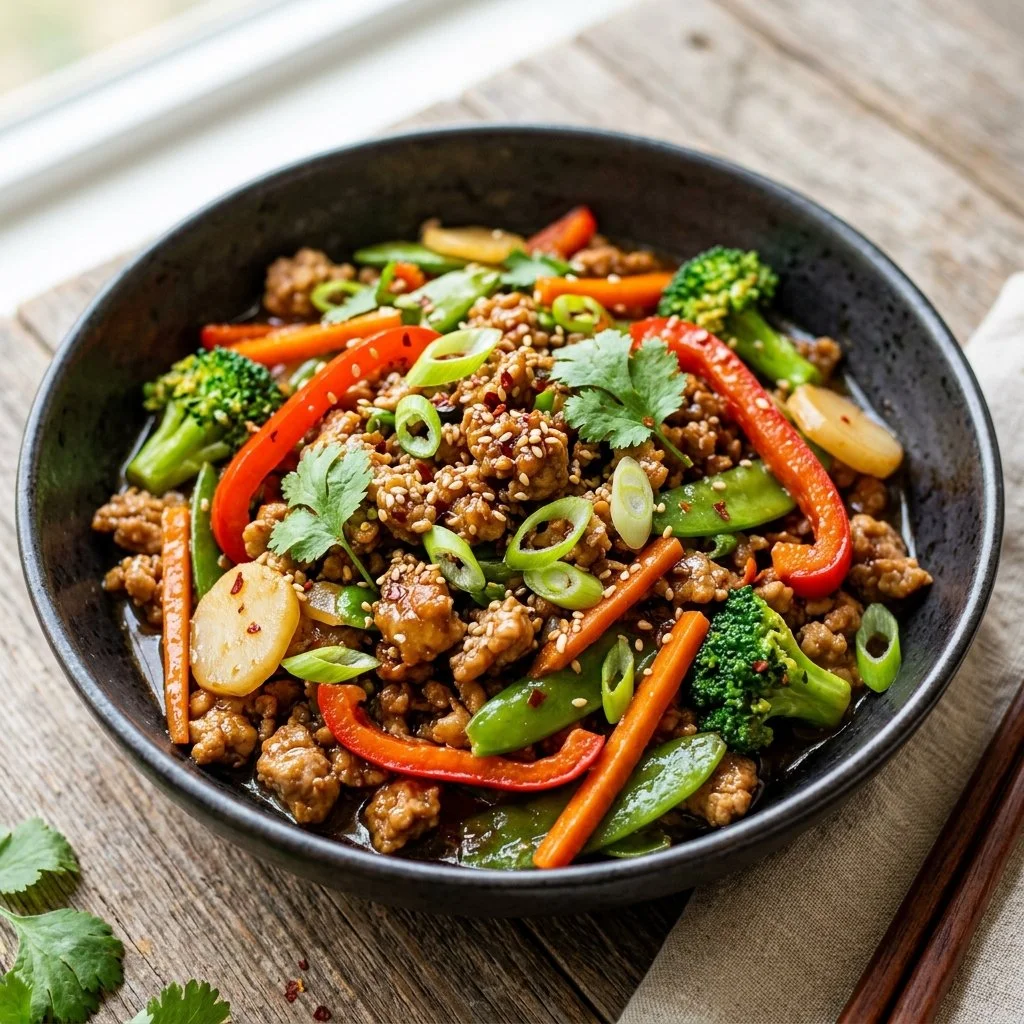 Delicious ground turkey stir fry with vegetables in a skillet