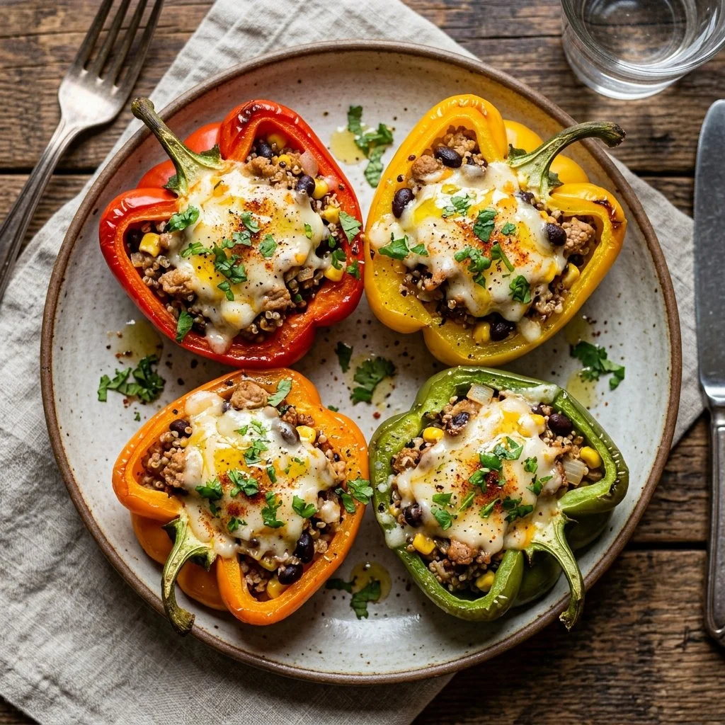 Ground turkey stuffed peppers on a plate, garnished and ready to serve.
