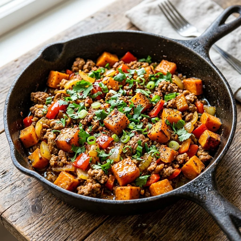 Ground turkey sweet potato skillet meal in a frying pan.