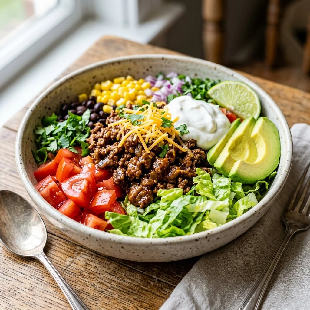 Ground turkey taco bowls with colorful toppings and fresh ingredients