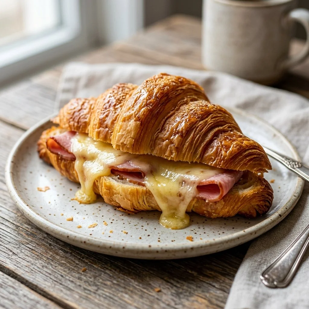 Delicious homemade ham and cheese croissants on a wooden table.