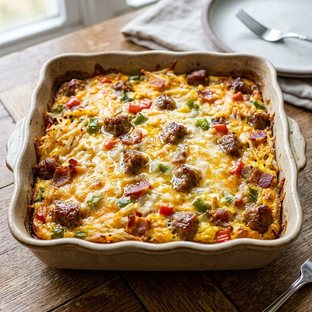 Delicious hashbrown casserole baked with cheese and eggs for breakfast